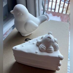 Unpainted bisque ceramic unfinished bird and strawberry cake figurines pottery